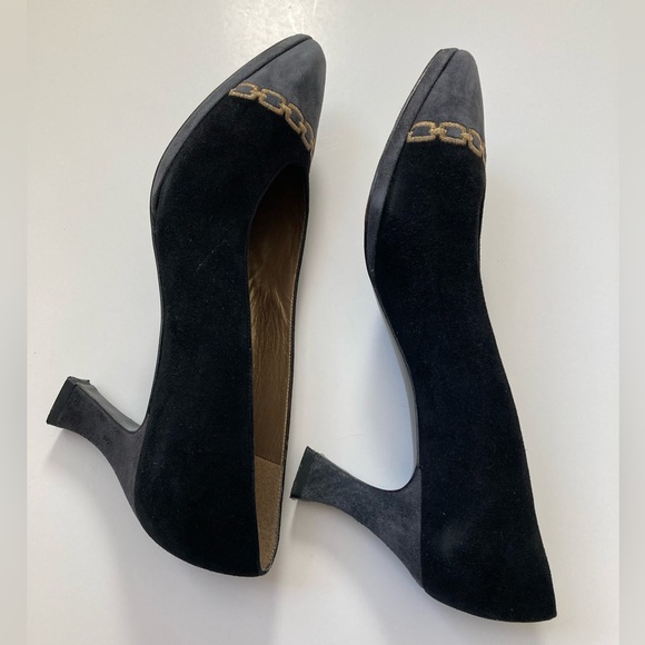 Stuart Weitzman Black and Gray Suede Heels with Gold Embroidered Chain - Picture 5 of 9